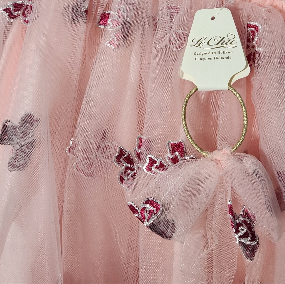 Le Chic Pink Tulle Dress w/ Red/Silver Bow Embroidery w/Hair Tie, S5Y, NWT - Picture 3 of 4